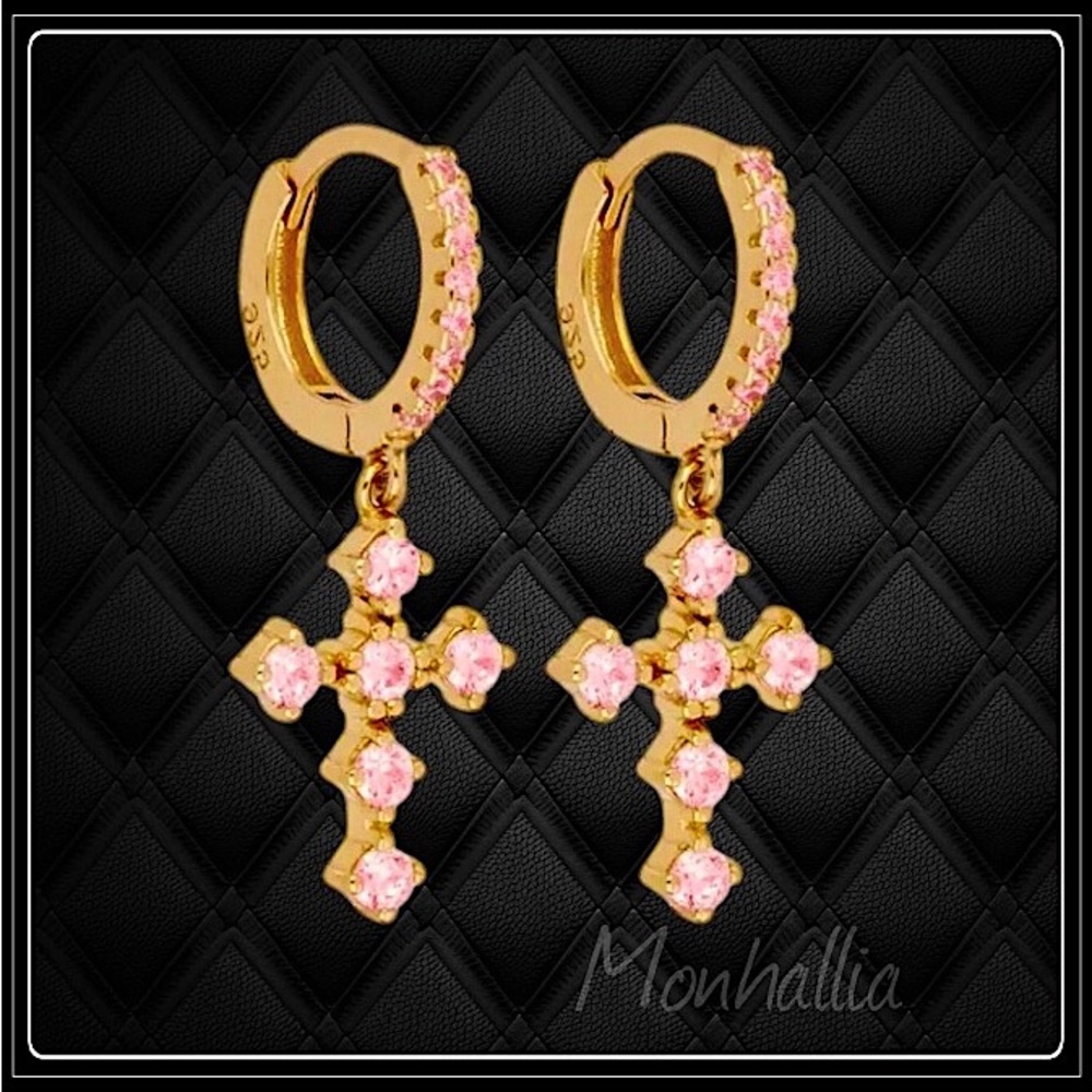 Clearance! NEW 925 GOLD PINK SAPPHIRE GOD GOTH CELTICS CROSS HUGGIE EARRINGS